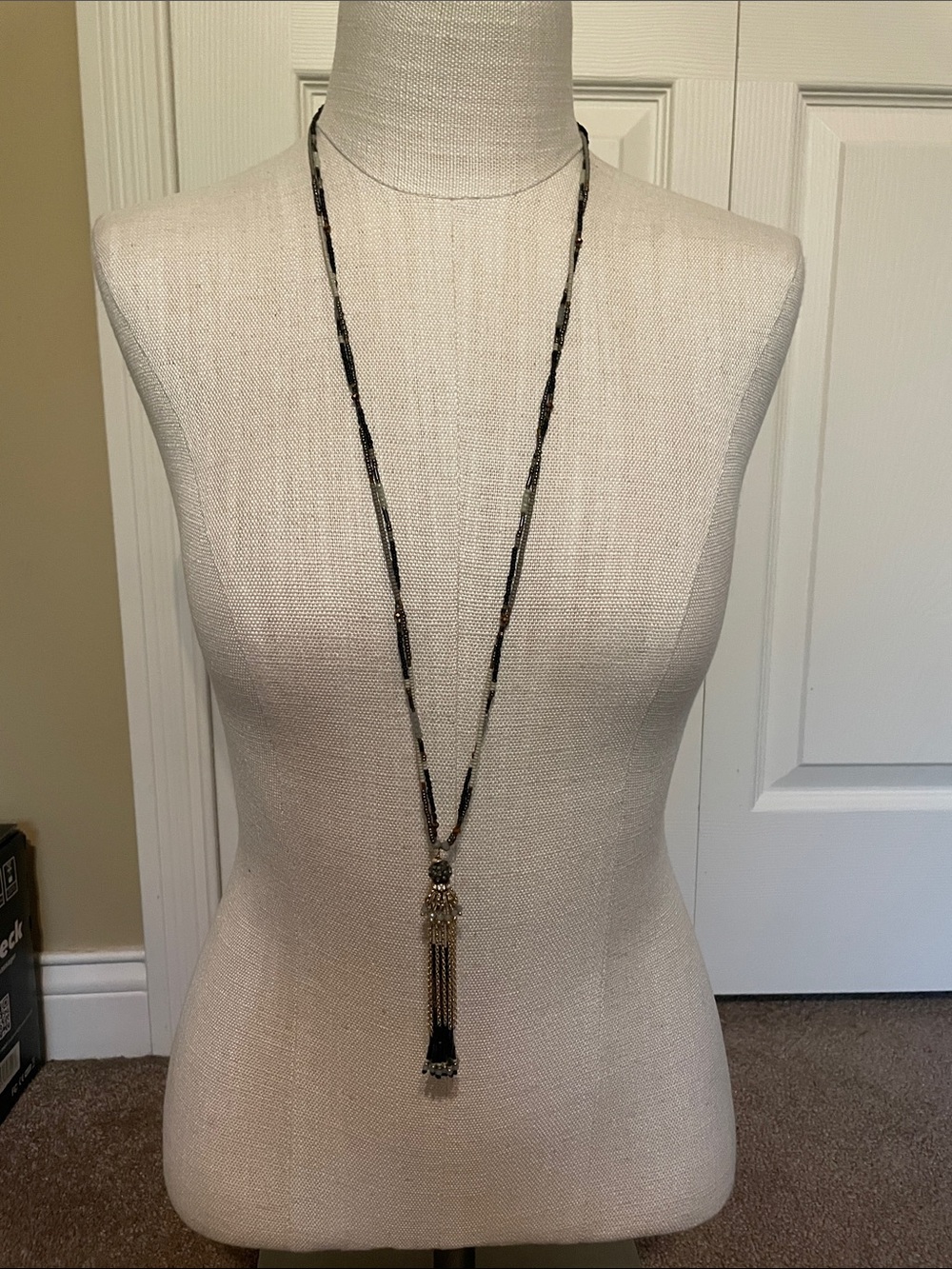 J. Jill Black and Gold Long Beaded Tassel Necklace